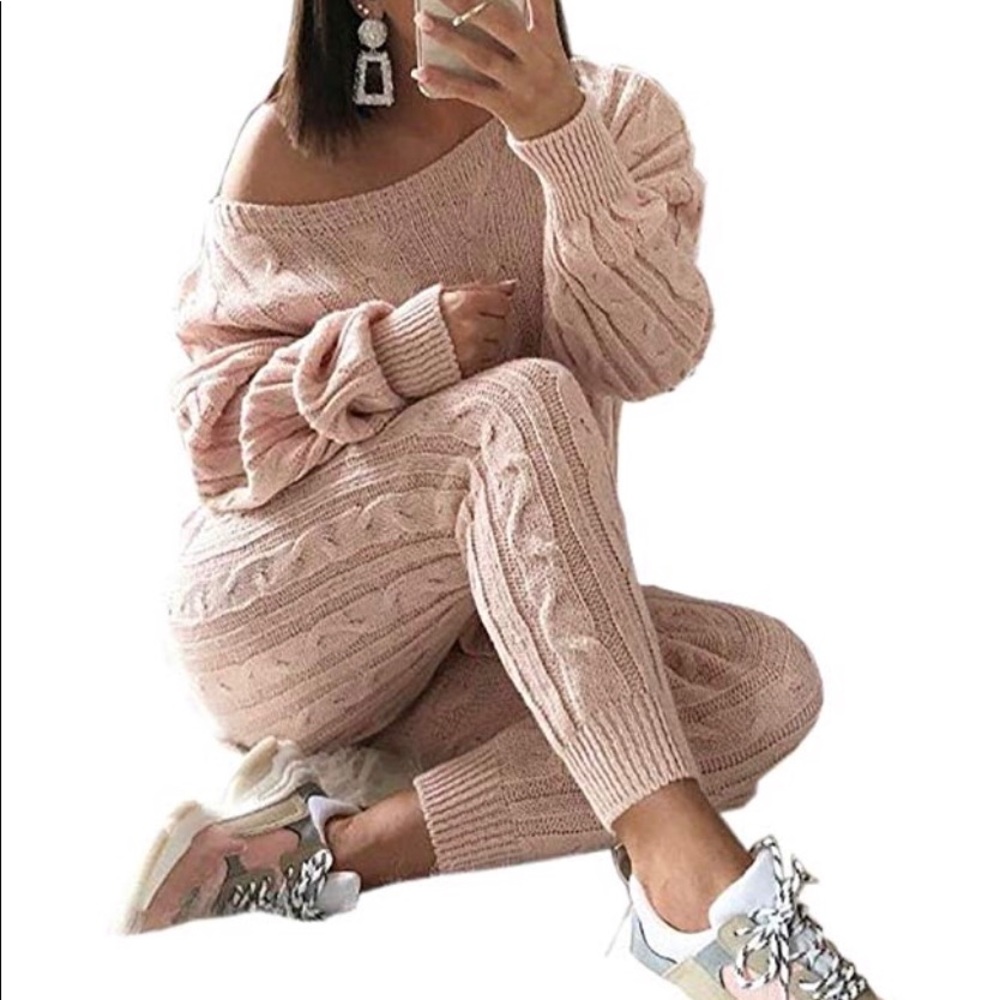 Two piece knit off the shoulder outfit